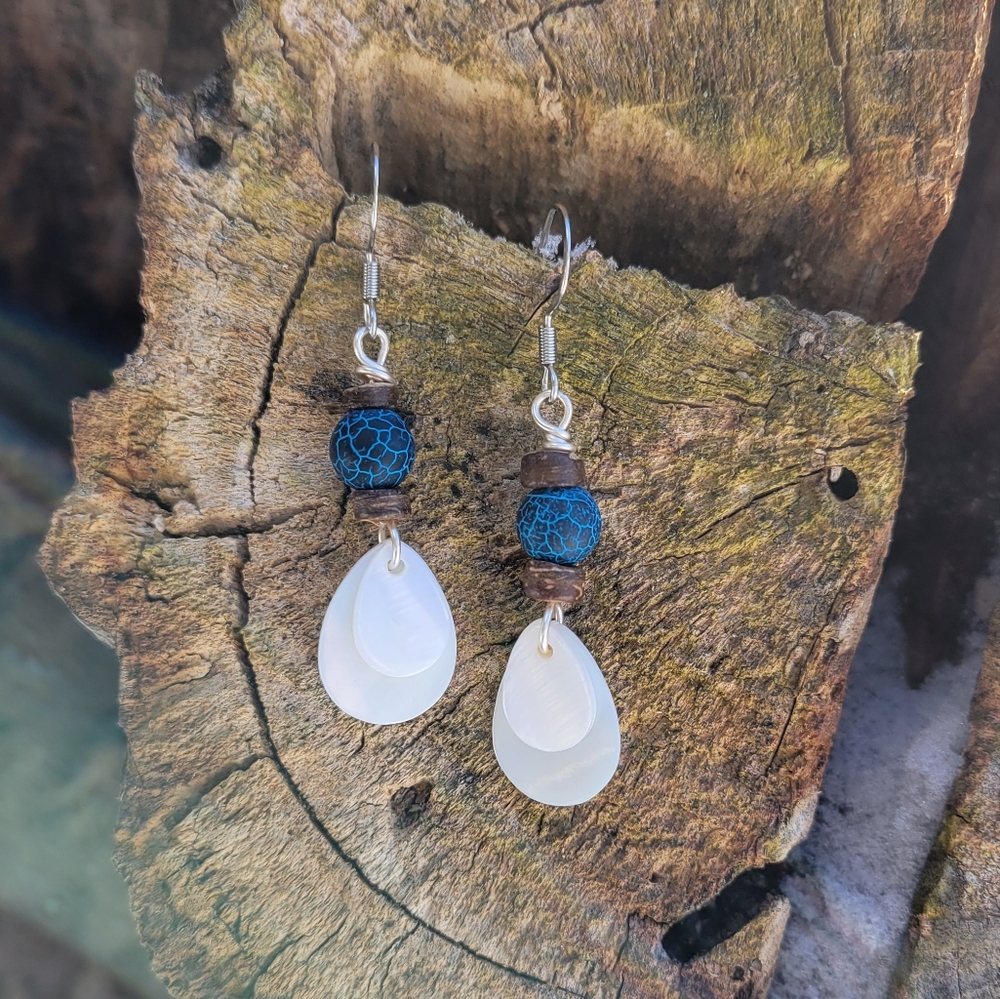 Shell And Blue Beaded Beachy Earrings